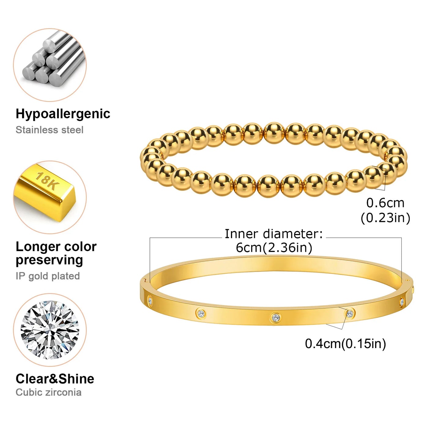 Vnox 2–8 mm Damen-Armbänder-Set, einfache gestapelte vergoldete Edelstahl-Perlen-Armbänder, glamouröse Liebesgeschenk-Manschettenarmbänder für Sie