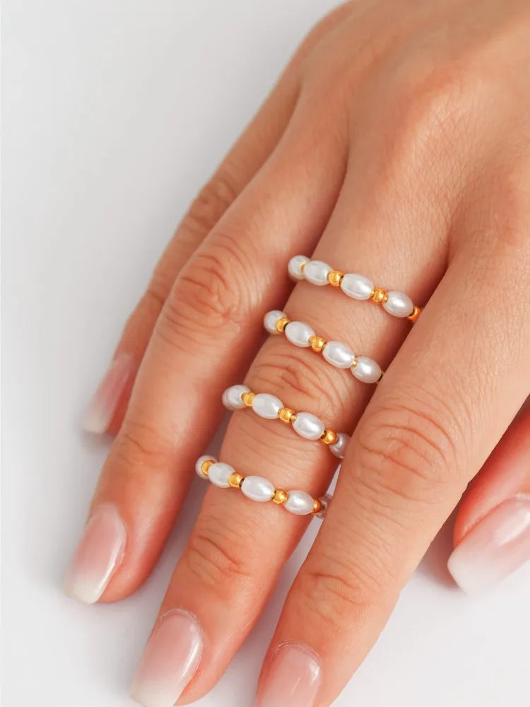 Imitation Perle Gemischte Edelstahl Perlen Ring Für Frauen 18k Gold Überzogene frauen Multi Größe Perlen Ringe Luxus frau Schmuck