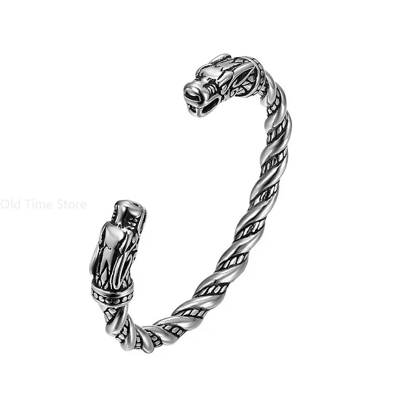 Viking Drachenkopf Manschettenarmband Vintage Twined Gold Silber Farbe Edelstahl Herren Persönlichkeit Punk Hip Hop Schmuck