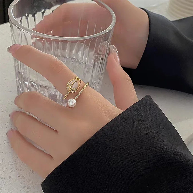 Mode Tulpe Blume Imitation Perle Ringe für Frauen Elegante Licht Luxus Zirkon Verstellbare Öffnung Ring Hochzeit Schmuck