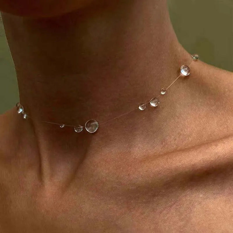 Mode Transparent Wasser Tropfen Halskette Ohrringe Set für Frauen Einfache Kristall Teardrop Dünne Seil Perle Schlüsselbein Kette Schmuck