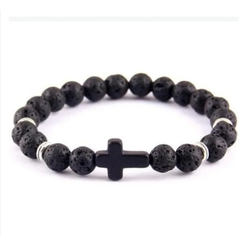 100 % natürliches vulkanisches Lava-Armband, schwarzes Zirkonia-Armband, neues einfaches modisches Kreuzarmband, Hämatit-Geschenk für Freund