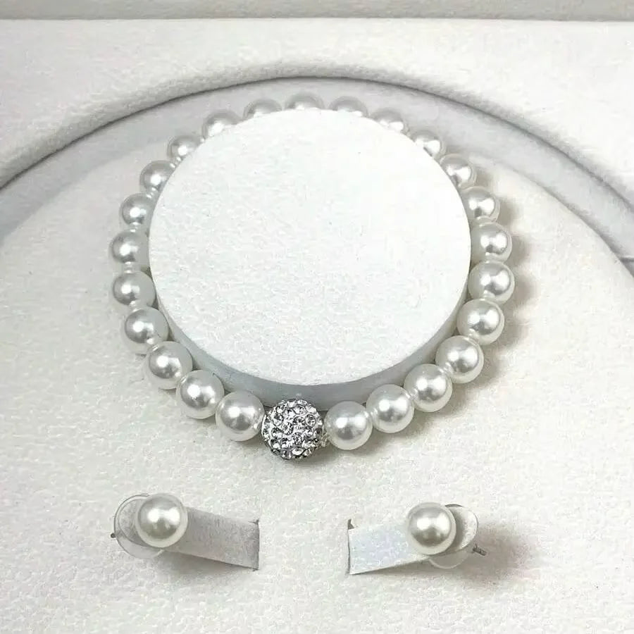 3-teiliges Set mit Imitationsperle, Feuerball-Halskette, Armband, Ohrring, Ohrstecker, Schmuckset, silberfarben, Kristallstein, eleganter Brautschmuck