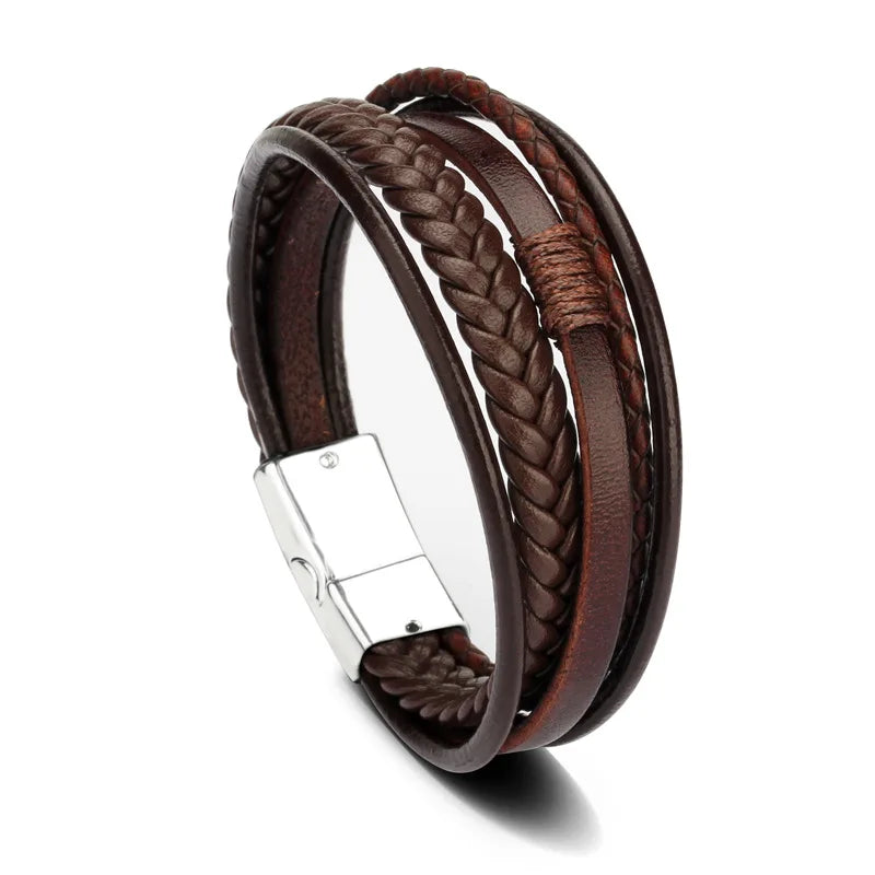 Trendige Lederarmbänder für Männer, Edelstahlarmband, 21 cm, mehrschichtige geflochtene Seilarmbänder für männliche Schmuckgeschenke