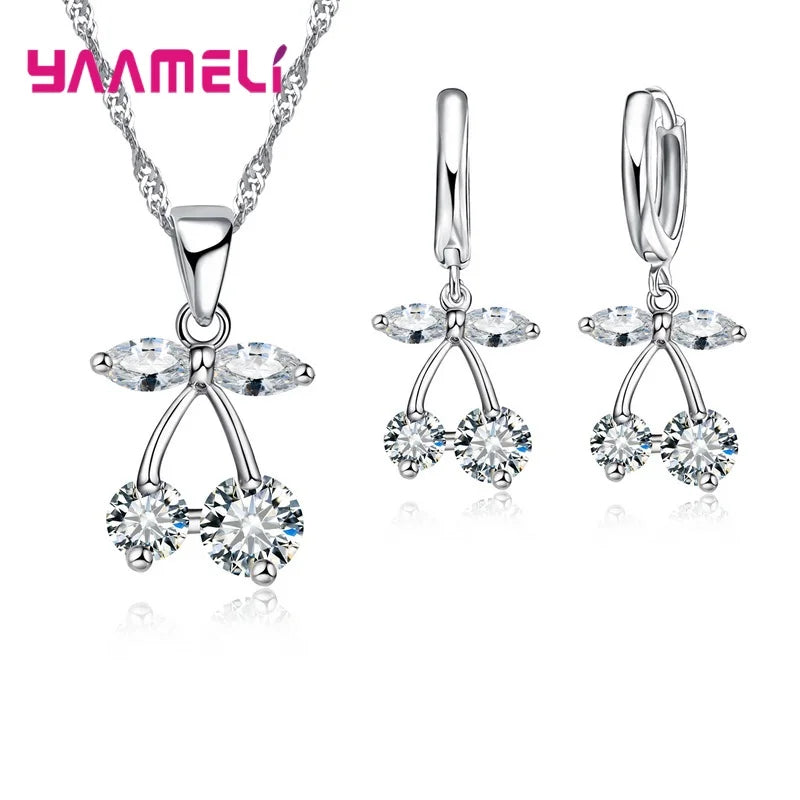 Luxus-Schmucksets aus echtem Sterlingsilber 925, glänzender klarer Kubikzircon, Blumen-Anhänger, Halskette, Ohrringe, Kette, Party-Zubehör