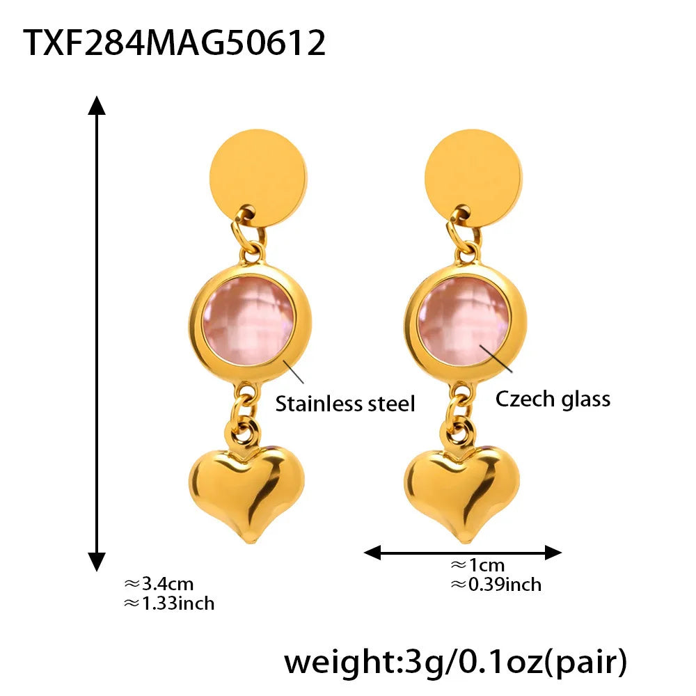 Edelstahl-Halskette, Armbänder, Ohrringe für Frauen, 6 Farben, Herz, facettierte tschechische Glas-Halsketten, Armband, baumelnde Ohrringe-Set