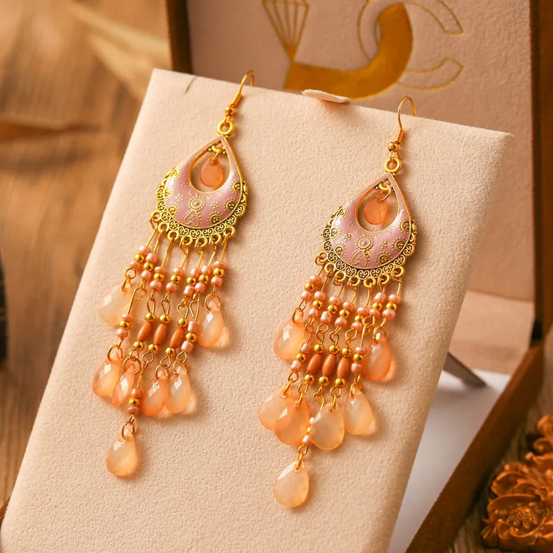 Bohemian Lange Bunte Quaste Perlen Wasser Tropfen Baumeln Ohrringe Für Frauen Vintage Gold Farbe Tropfen Glasur Ohrringe Pendientes Mujer