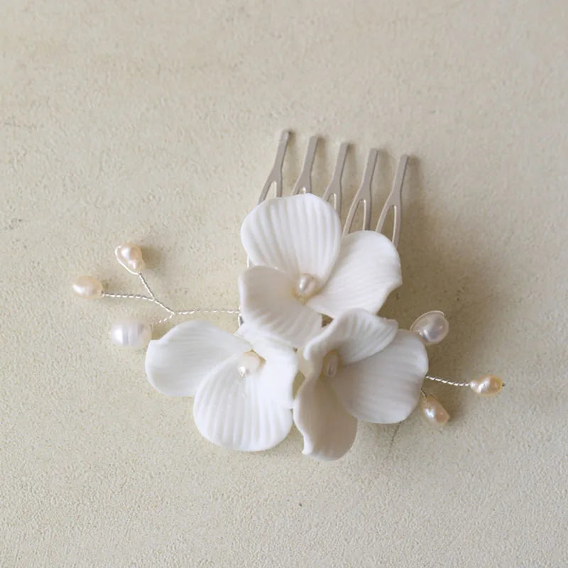 SLBRIDAL Handgemachte Luxus Strass Süßwasser Perlen Ceram Blume Braut Tiara Hochzeit Brautjungfern Krone Frauen Haar Schmuck