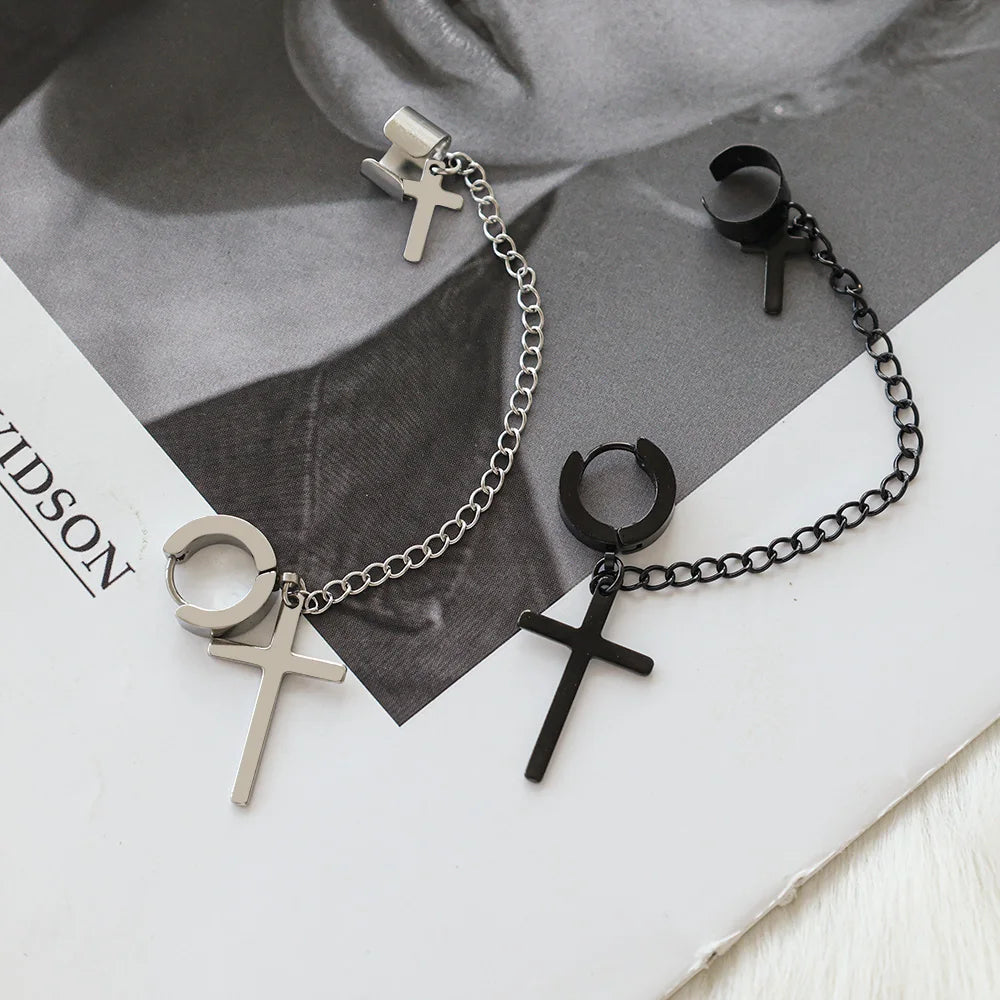 Punk Kreuz Quaste Ohrringe Frauen Integrierte Clip Stud Ohrring Christian Gothic Hip Hop Schmuck Metall Kette Ohr Ring Ohrring Männer