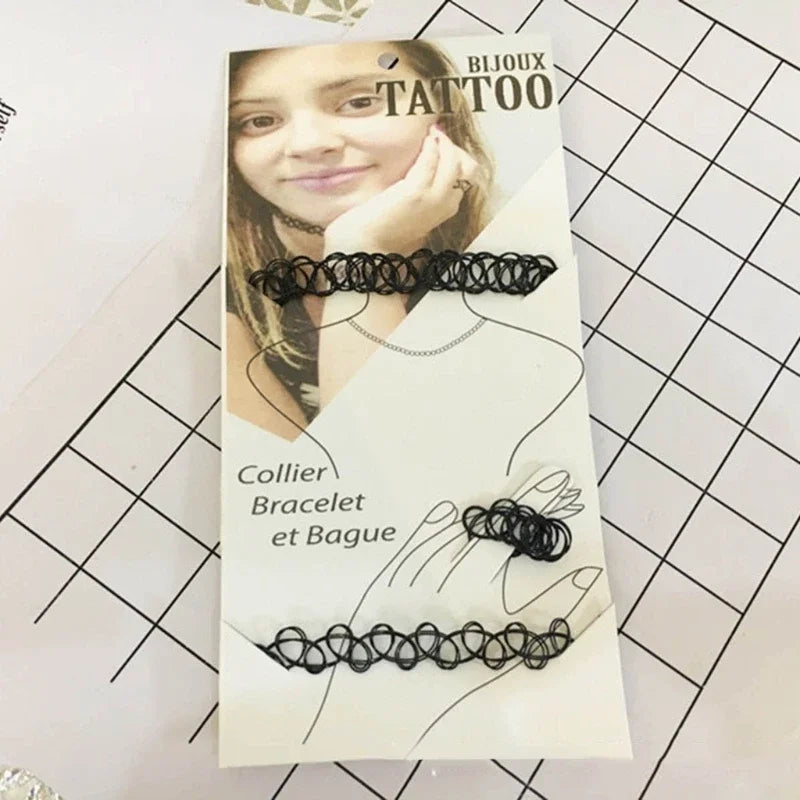 3-teiliges Tattoo-Armband-Ring-Halsketten-Set, 90er-Jahre-Accessoires, Damen, Teenager, Mädchen, Kinder, lebendiger Sommer-Stil,