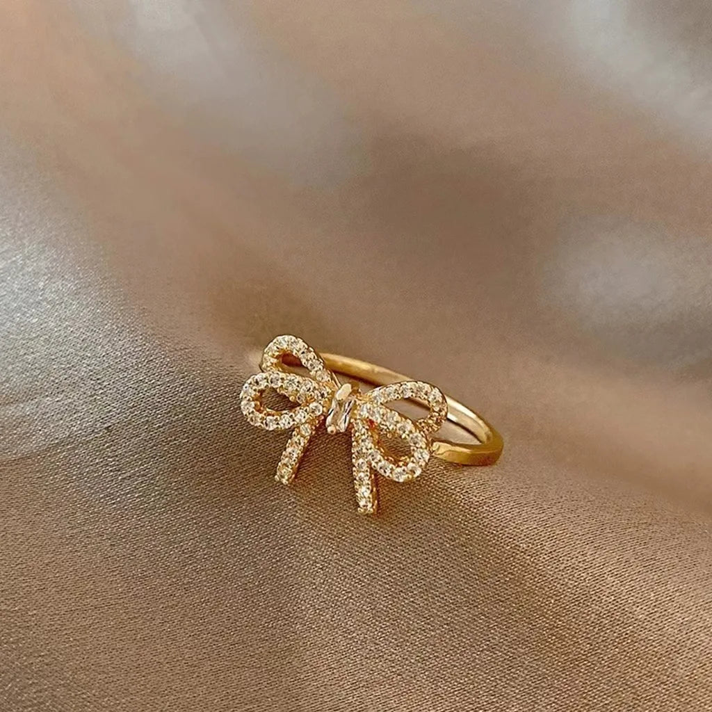 Minimalistische Bowknot Öffnung Ringe Für Frauen Gold Silber Farbe Kristall Zirkonia Bogen Knoten Finger Ringe Weibliche Hochzeit Schmuck