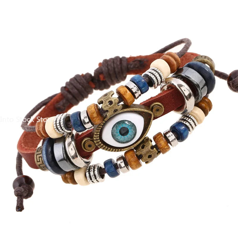 Boho Zigeuner Hippie Design Leder Seil Auge Armband mehr schicht iges Leder gewebt Perlen Armband Unisex verstellbaren Schmuck
