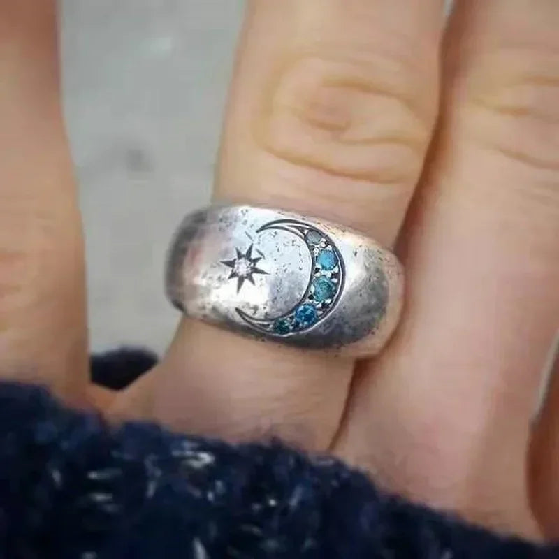 Mode Sonne Mond Ringe Für Frauen Vintage Intarsien Blauen Steine, Verlobung, Hochzeit Ring Schmuck Geschenk Kreative Party Hochzeit