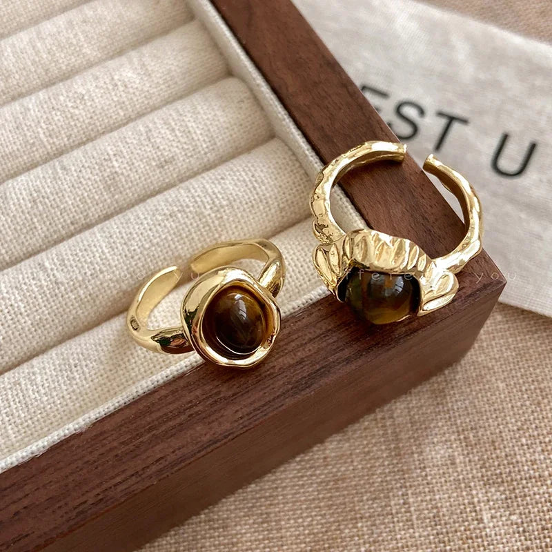 Vintage Brauner Tigerauge Stein Damenring Unregelmäßiger runder offener Ring Nischendesign Persönlichkeit Fingerringe High-End-Schmuck Geschenk