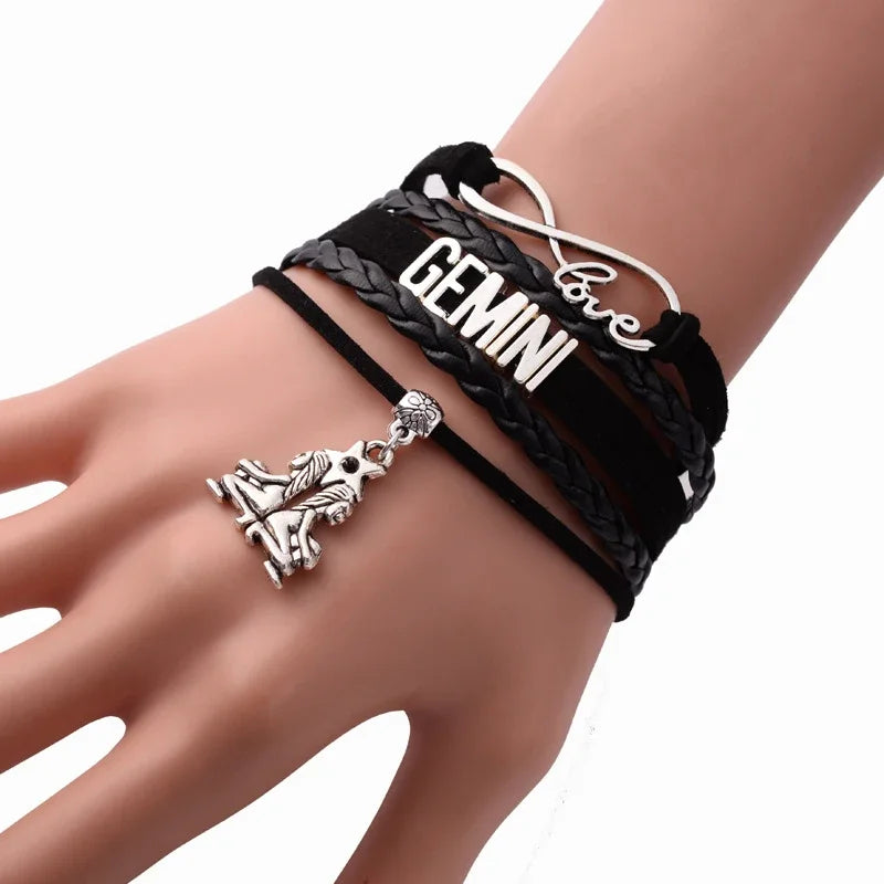 12-Sternbild-Sternzeichen, schwarzes geflochtenes Lederarmband, Krebs, Löwe, Jungfrau, Waage, gewebter Schmuck, Punk-Männer-Anhänger-Armband 2022