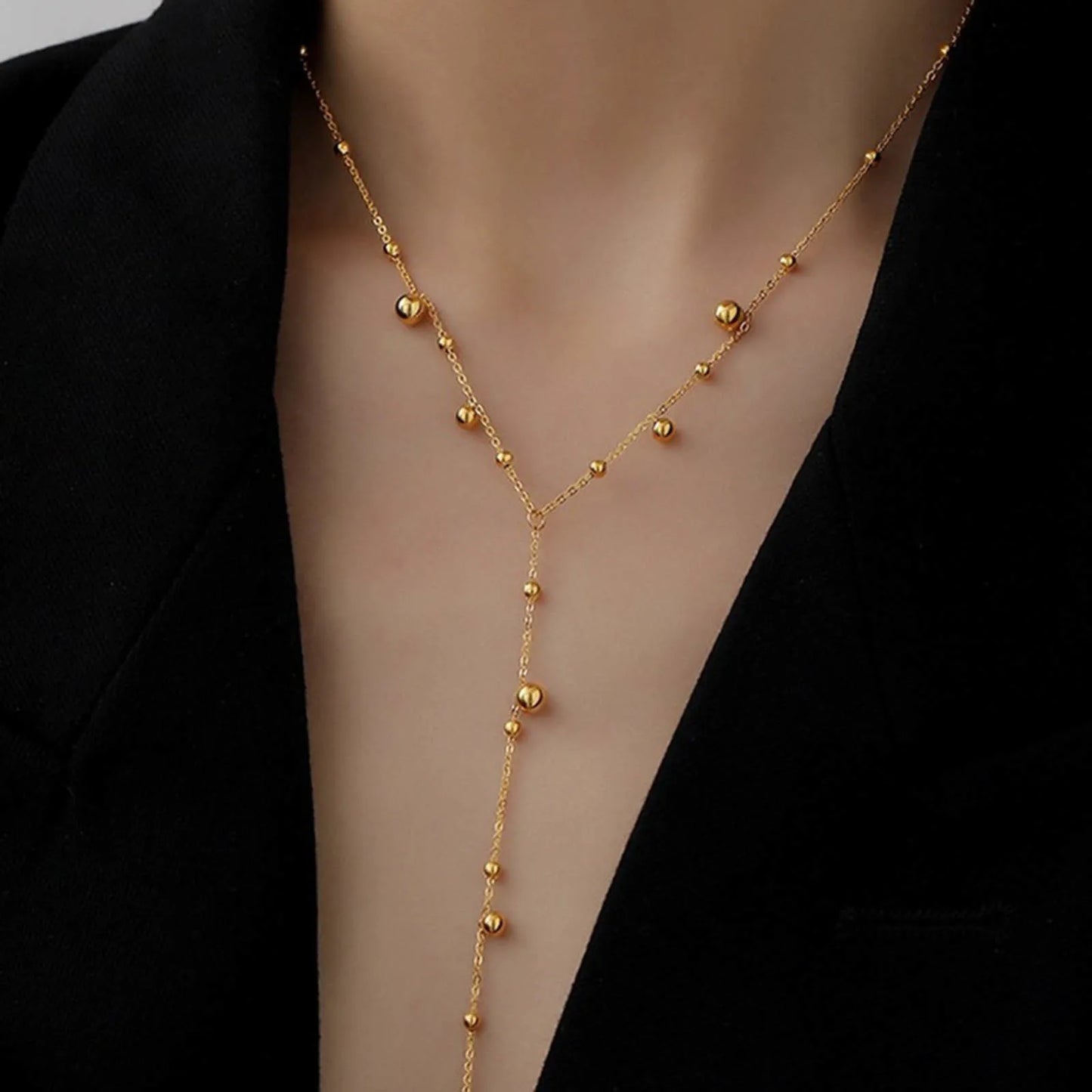 Zierliche Y-Halsketten für Damen, vergoldete Kugeln, Perlen, Edelstahl-Charm-Halskette, Rosenkranz-Halsketten, minimalistischer Kragen