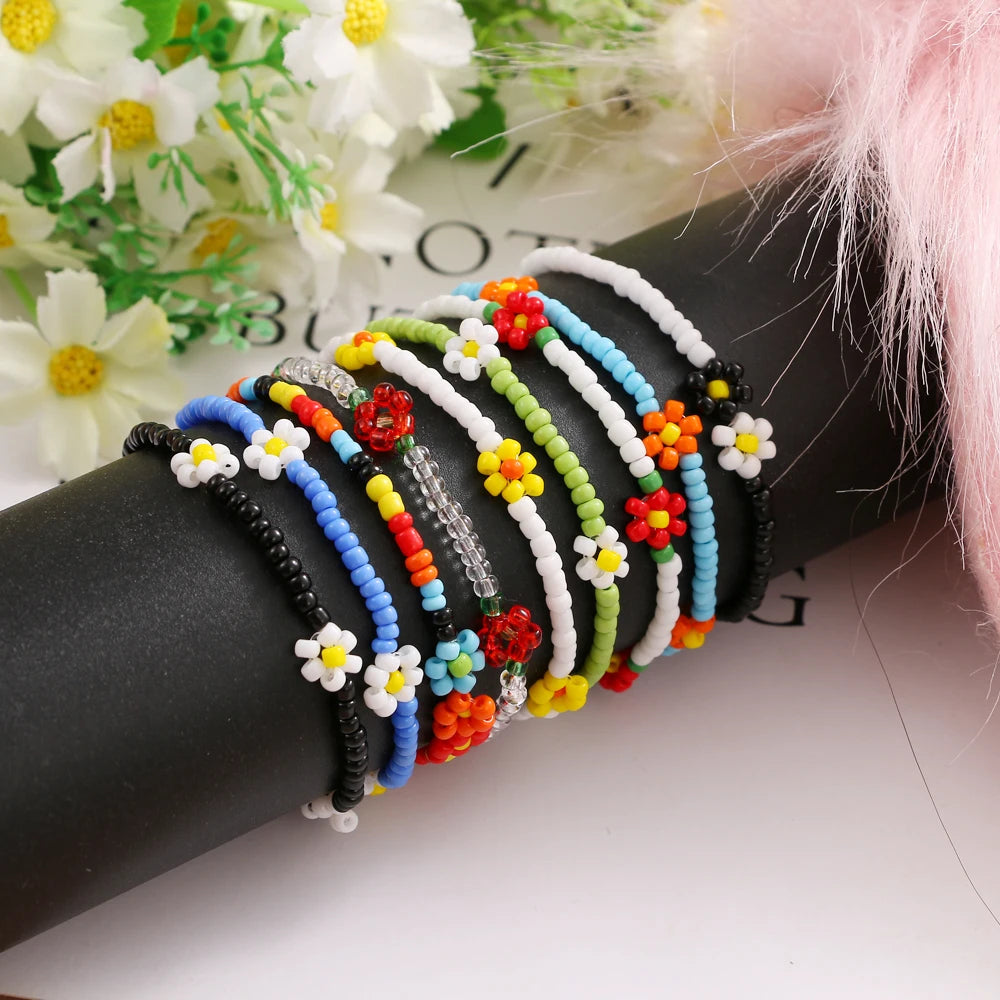 FNIO Neues Perlen-Fußkettchen, Samenperlen, verstellbar, buntes Blumen-Knöchelarmband am Bein, trendiger Schmuck für Frauen