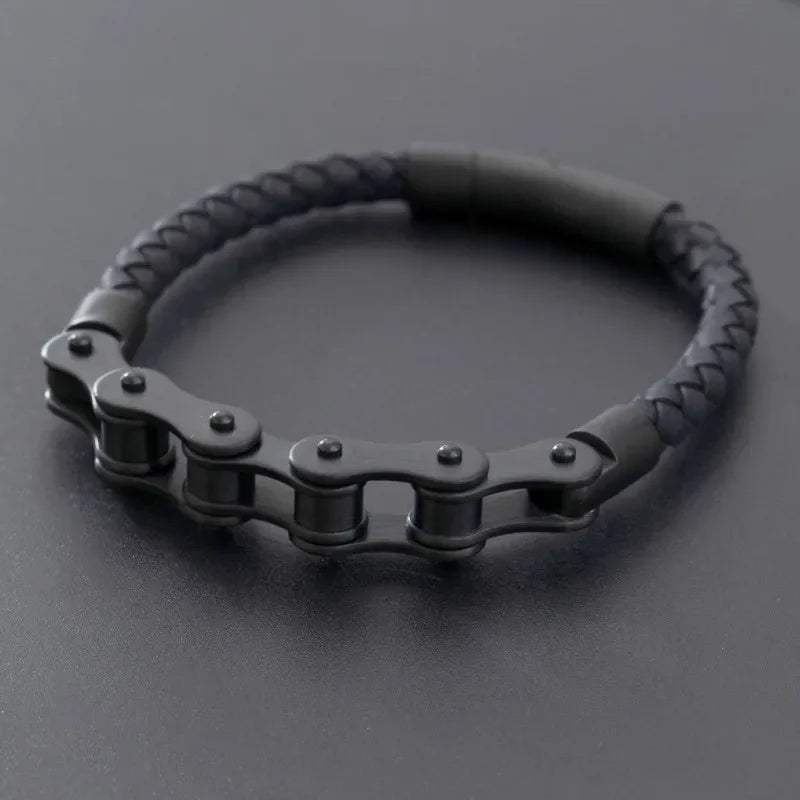 Retro Punk Fahrradkette handgewebtes Lederarmband mit Metallschnalle für Männer Motorradfahrer Rock Party Schmuck Geschenk