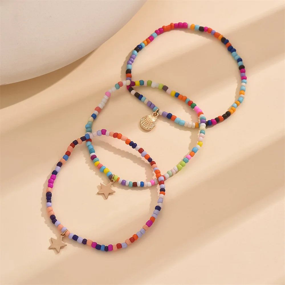 3 teile/satz Regenbogen Perlen Nette Sterne Shell Fußkettchen Für Frauen Multilayer Fuß Ketten Ankle Armband Strand Schmuck Sommer Zubehör