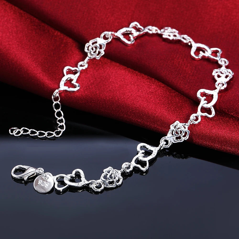 Wunderschönes Armband aus 925er Sterlingsilber für Damen, Armband HERZ, schöne BLUMENkette, Mode, Hochzeit, Party, süße Dame, schöner Schmuck