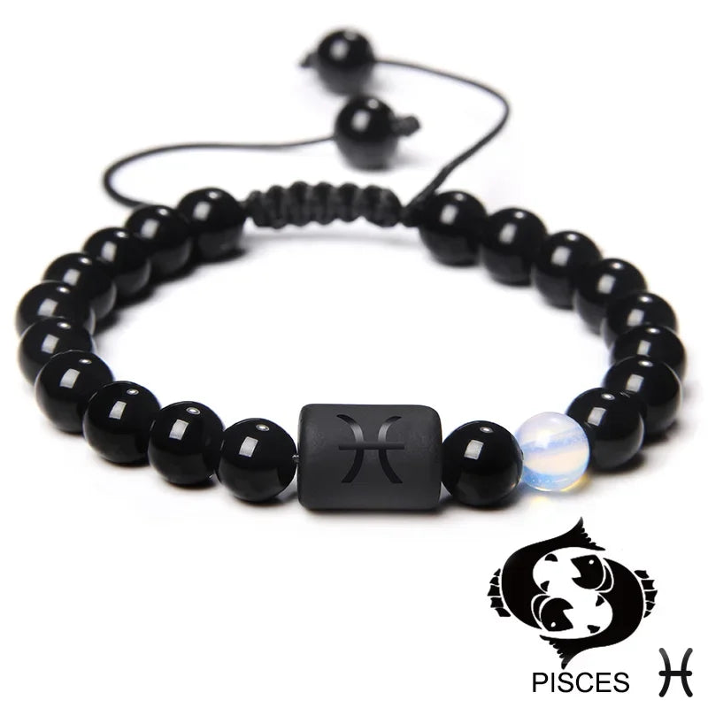 12-Sternbild-Sternzeichen-Armband, schwarze Onyx-Perlen, Krebs-Löwe, Onyx, geflochtenes Armband für Damen und Herren, Paare, Schmuck, Geschenk