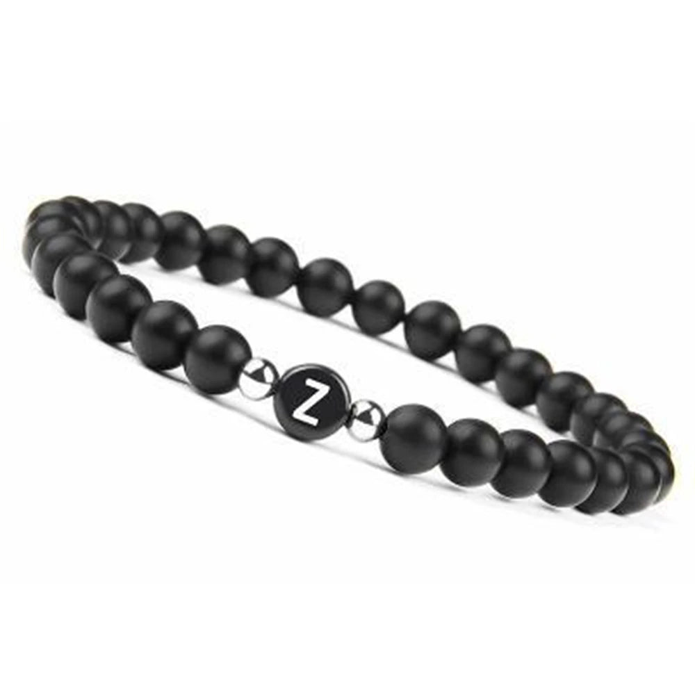 6 mm 26 Buchstaben-Armband, Unisex, schwarzer mattierter Stein, Perlen-Armreif, handgefertigt, DIY-Armband für Frauen, Männer, Paare, Freundschaftsgeschenke