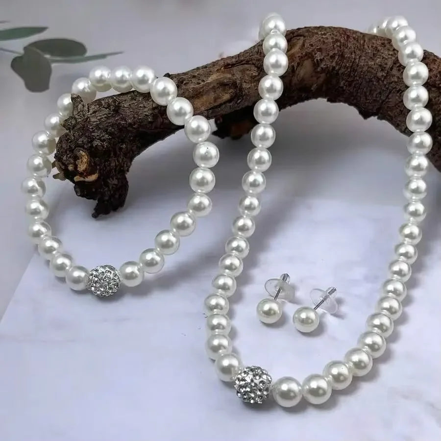 3-teiliges Set mit Imitationsperle, Feuerball-Halskette, Armband, Ohrring, Ohrstecker, Schmuckset, silberfarben, Kristallstein, eleganter Brautschmuck