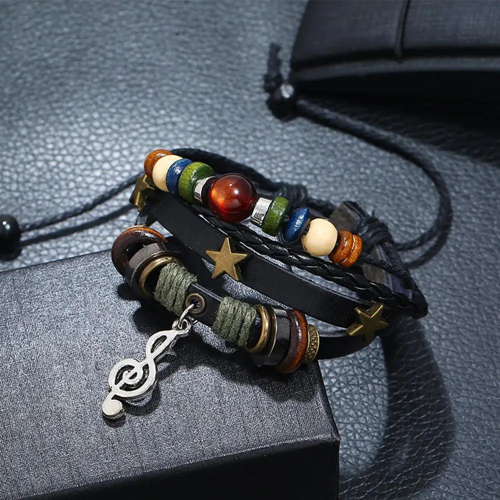 High-end-Männer Und Frauen Perlen Leder Armband Vintage Armband Armband Armband Stern Note Armband Musical Einstellbar Multi F9J3