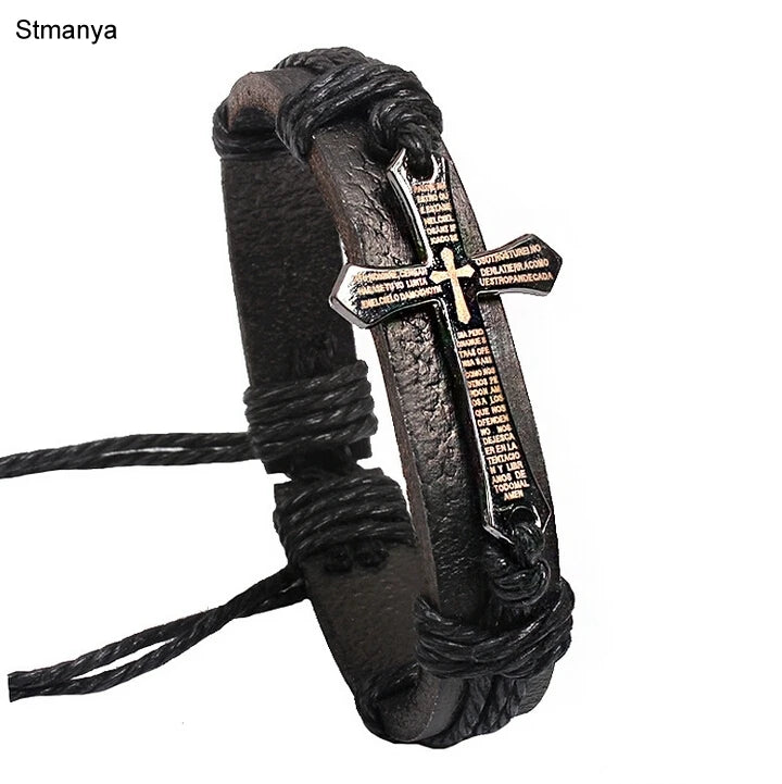 Heißer Verkauf Männer Schmuck Vintage Leder Armbänder & Armreifen Metall Kreuz Jesus Armband Einstellbare Wachs Schnur Braun Schwarz # 18044