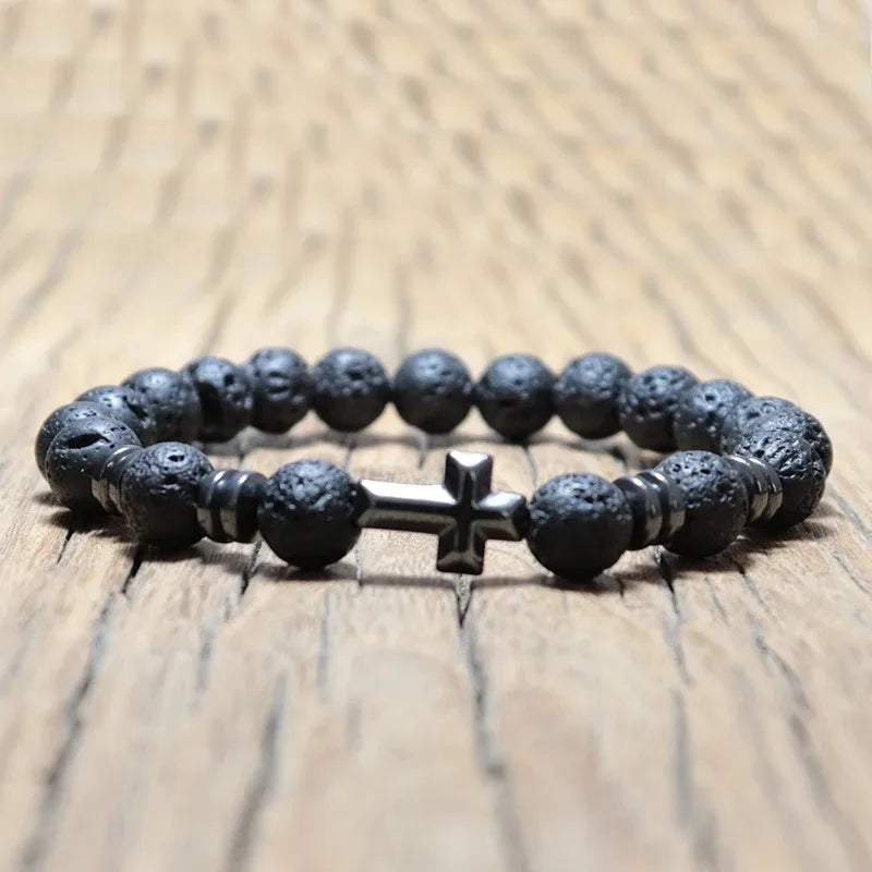 100 % natürliches vulkanisches Lava-Armband, schwarzes Zirkonia-Armband, neues einfaches modisches Kreuzarmband, Hämatit-Geschenk für Freund