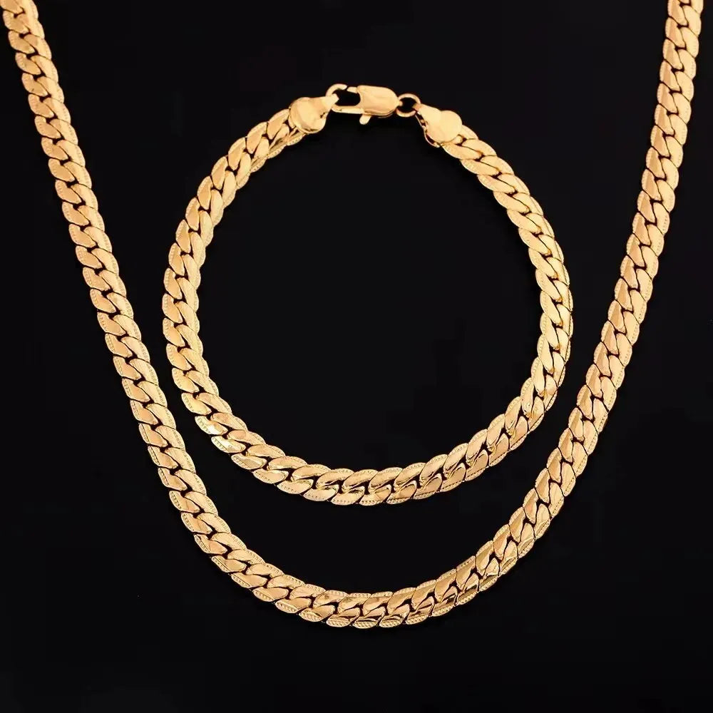 2-teiliges Set mit kubanischer Kette, Halskette, Armband-Set für Herren, goldfarben, flache Kette, Herren-Choker-Armband, Hiphop-Schmuckset