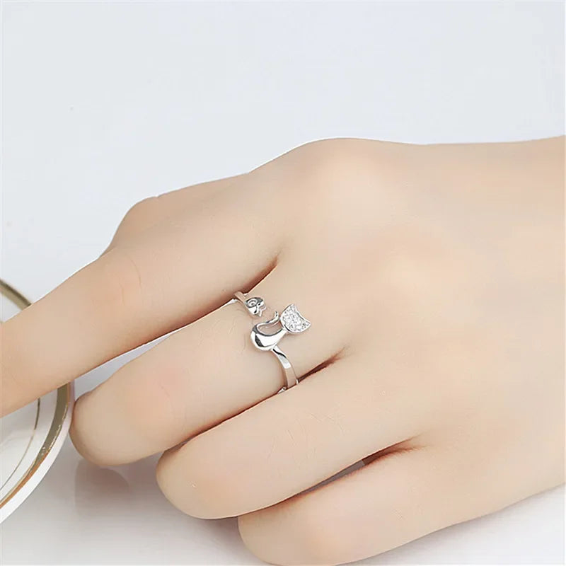 Neue Charme Kristall Offene Ringe Top Qualität Zirkonia Kristall Intarsien Niedlichen Tier Katze Ring für Frauen Mädchen Mode Tier