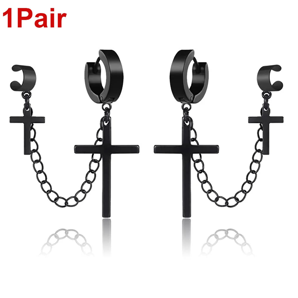 Punk Kreuz Quaste Ohrringe Frauen Integrierte Clip Stud Ohrring Christian Gothic Hip Hop Schmuck Metall Kette Ohr Ring Ohrring Männer