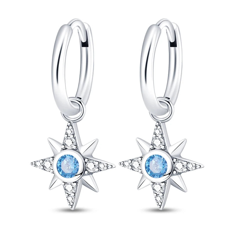 Heißer Verkauf Mode 925 Silber Farbe Ohrringe Blau Zirkon Sterne Mond Unregelmäßigkeit Ohrringe Für Frau Feine Geburtstag Schmuck Geschenke