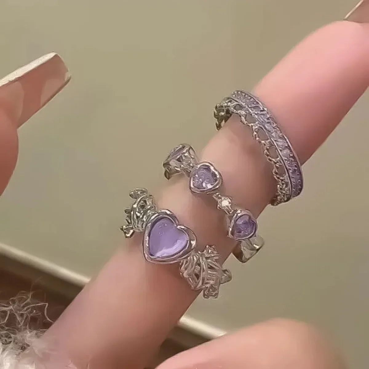 3PCS Trendy Y2k Herz-förmigen Zirkon Rosa Kristall Ringe Frauen Elegante Exquisite Shiny Offenen Kristall Ring Mädchen Partei schmuck Geschenke