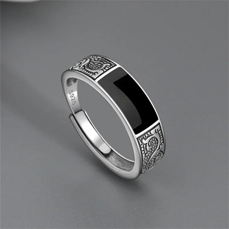 Trendiger Vintage-Ring aus 925er Silber für Herren, Schmuck, schwarzer rechteckiger Retro-Drachenmuster-Ring, männliche Ringe, verstellbar, Mohamed Nadal