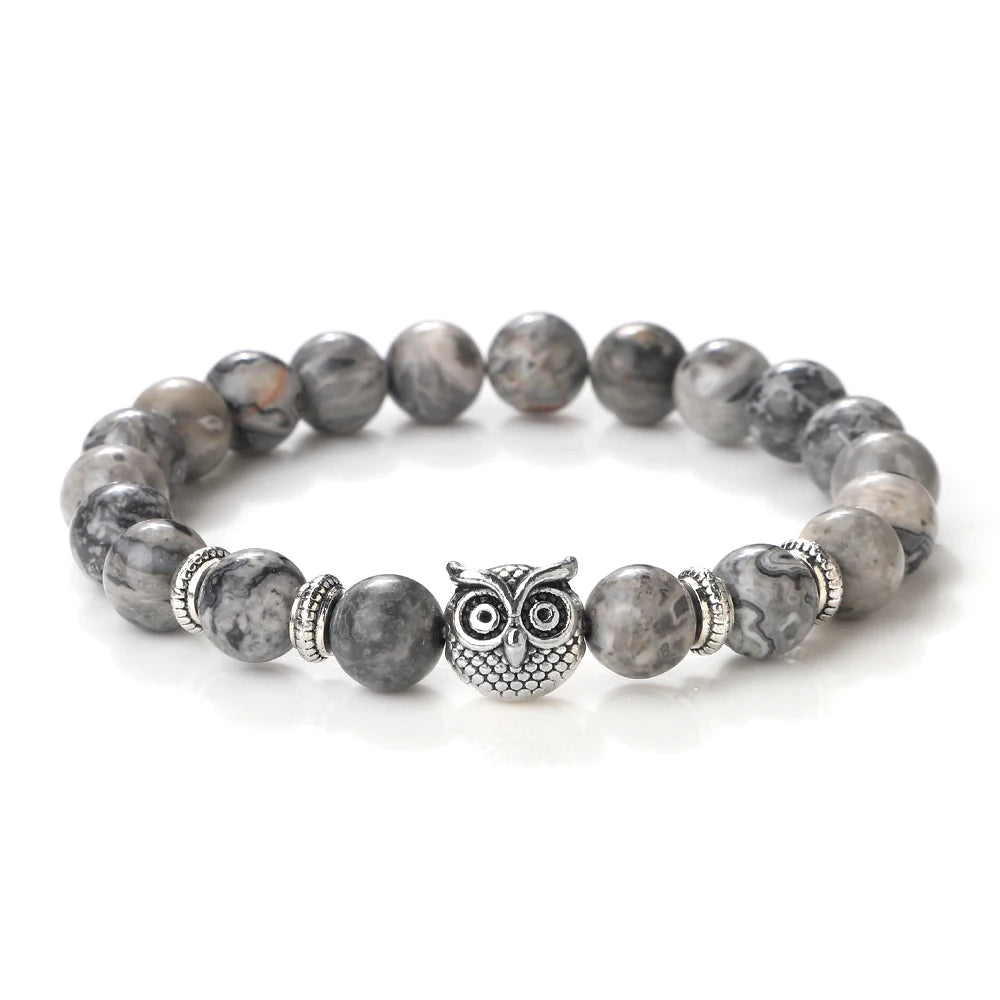 Natürliche Stein Perlen Eule Armbänder Malachit Rock Lava Armreifen Charme Strang Elastische Energie Yoga Buddha Schmuck Für Frauen Männer