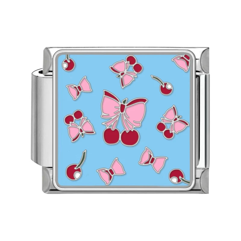 Niedliche Schleife, Knoten, Herz, Kirsche, süß, rosa, rot, italienische Charm-Verbindungen, passend für 9 mm Armbänder, Edelstahl, Damenschmuck, DIY-Herstellung von Geschenken