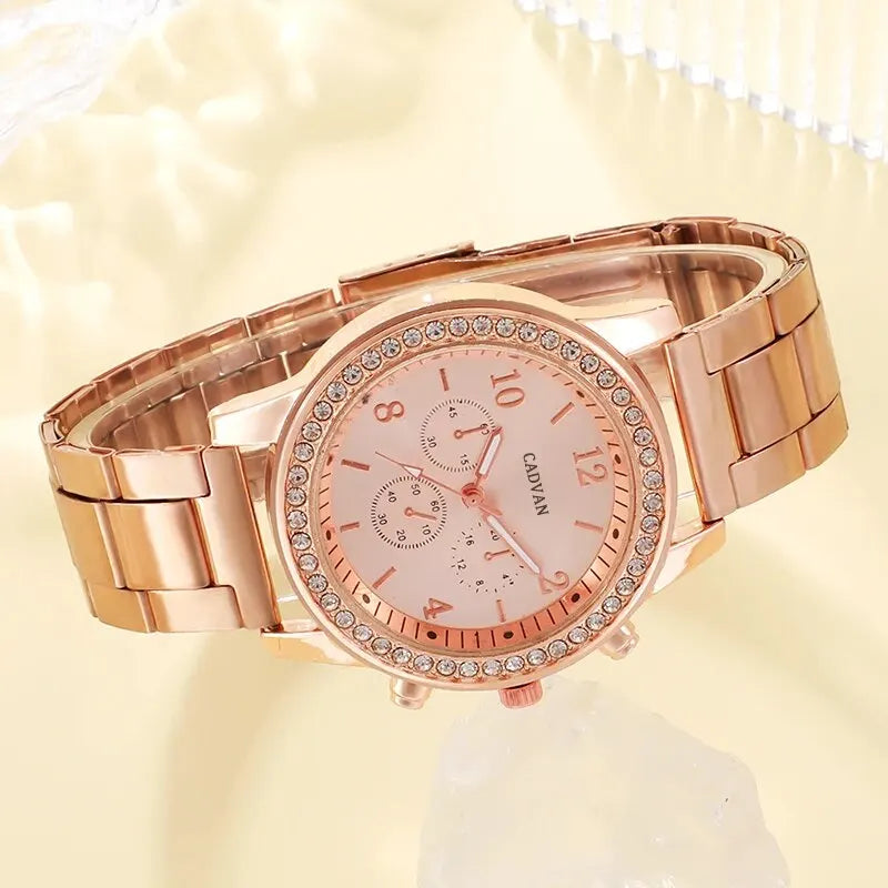6 Stück Set Roségold Luxus uhr Damen Ring Halskette Ohrring Strass Mode Armbanduhr lässig Damen Armband Uhren