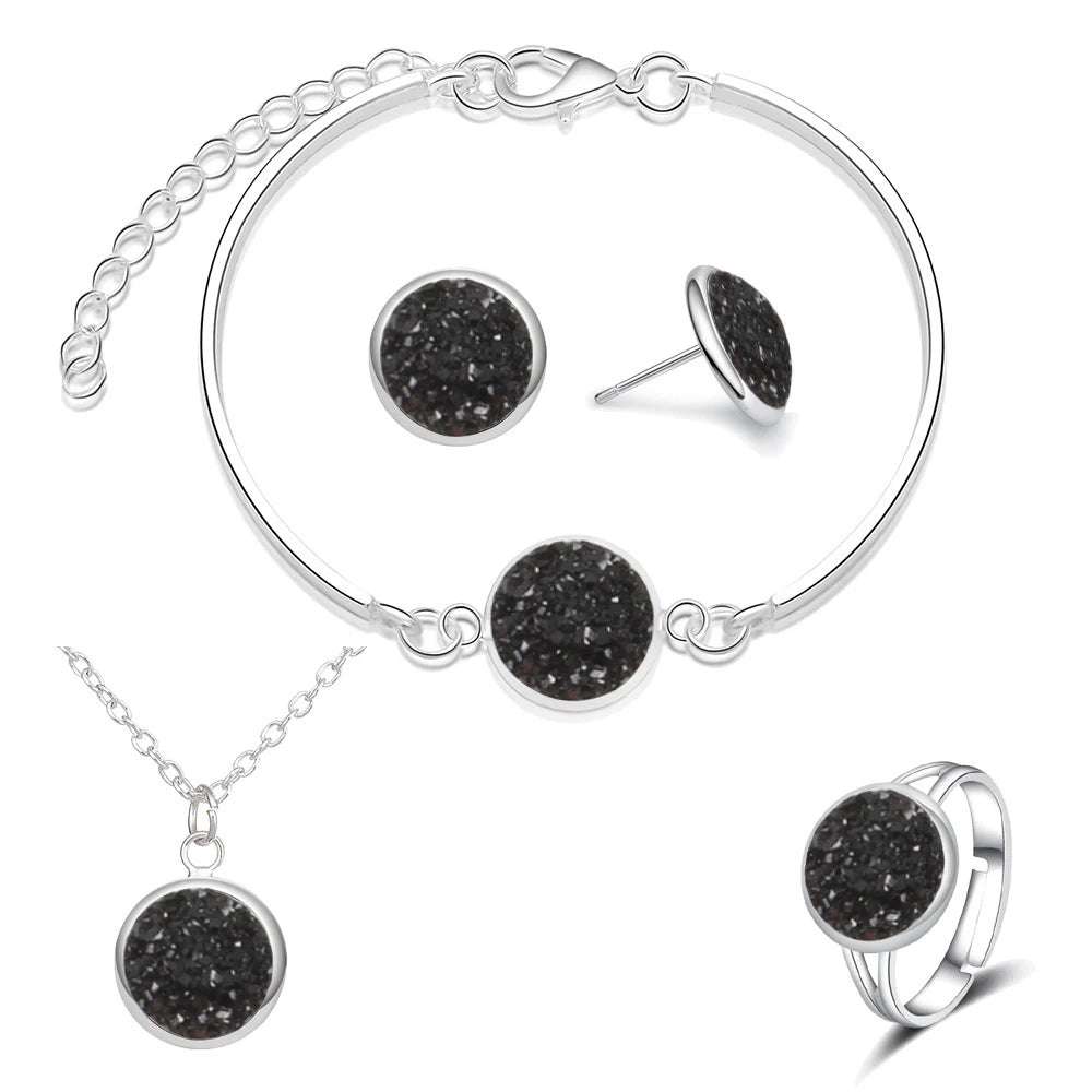 Luxuriöses Quartz-Strass-Schmuckset für Frauen, einfache runde Ohrringe, Halsketten-Set, Brautschmuck, 4-teilig, versilberter Schmuck