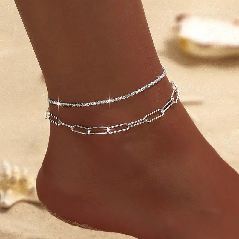 Funkelnde dünne Kette Fußkettchen für Frauen Zirkon Herz Kreuz Anhänger Doppelschicht Armband am Bein Fuß trendiger Sommer Strand Schmuck