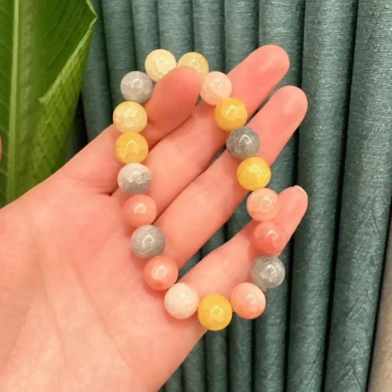 Natürliches rosa/buntes Kristall-/Porzellan-Armband mit Eis-Rissmuster und gemusterten Perlen, einzelner Kreis, glücklicher Heilstein, Schmuck, Geschenk