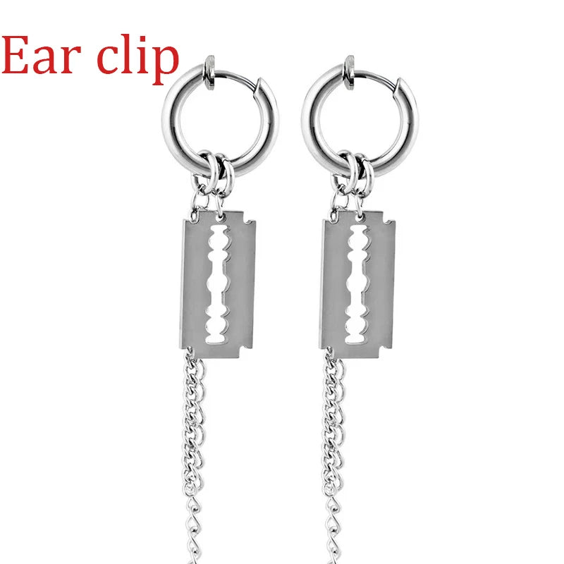 1 paar/2Pcs Klinge Kette Quaste Anhänger Ohr Clip/Schnalle Ohrringe Für Frauen Männer Edelstahl Schmerzlos hip Hop Gothic Pop Schmuck