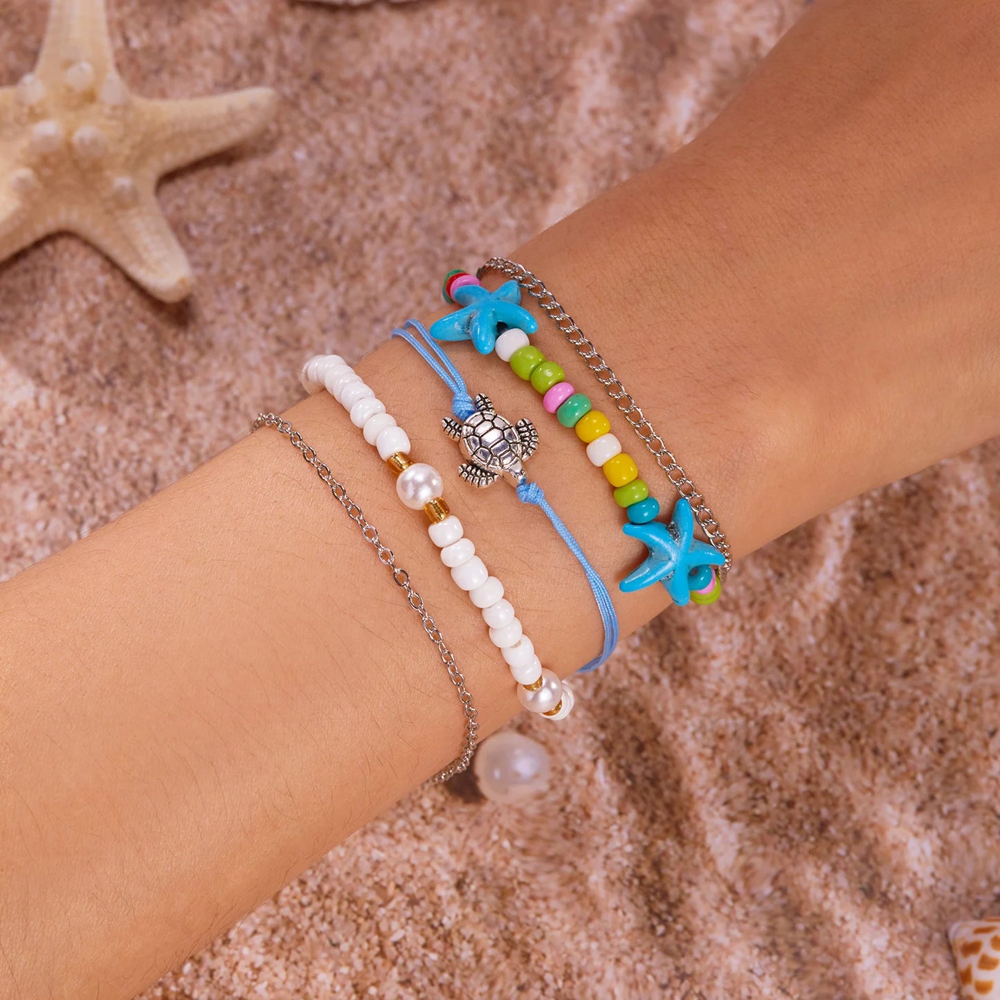 Bohemian Reis Perlen Seestern Muschel Anhänger Fußkettchen Set Für Frauen Multi schicht Meeresschildkröte Knöchel Armband Auf Fuß Mädchen Charme Schmuck
