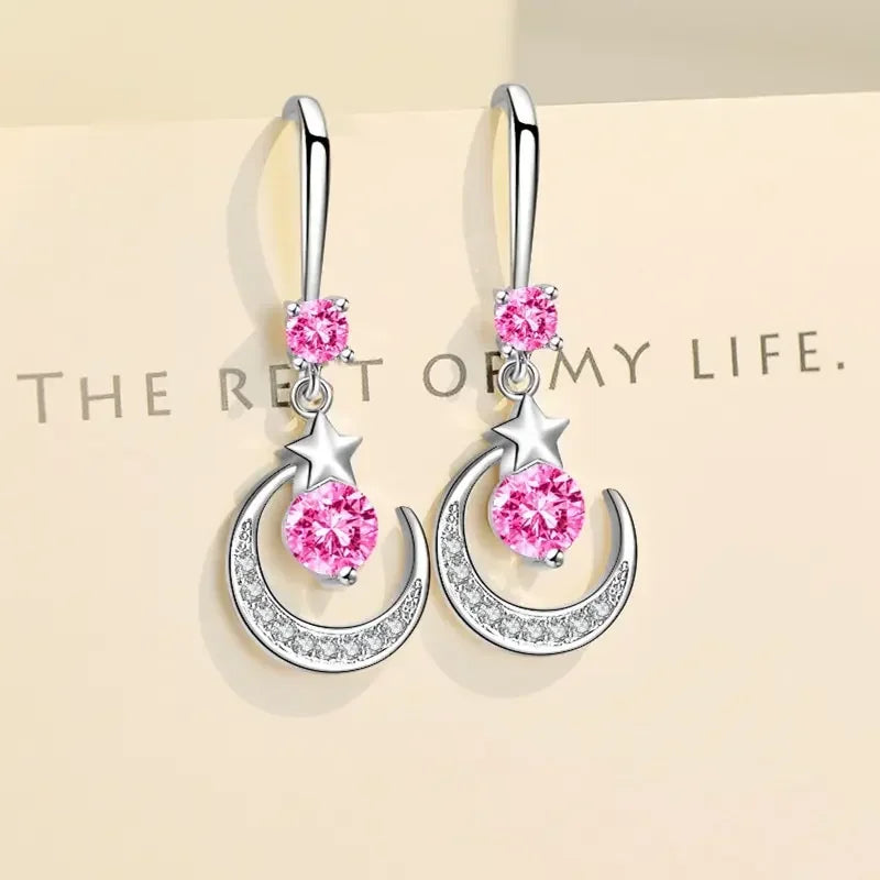 Weibliche Mode Stern Mond Ohrringe 925 Sterling Silber Weißer Saphir Rosa Blau Weiß Künstliche Baumeln Ohrringe