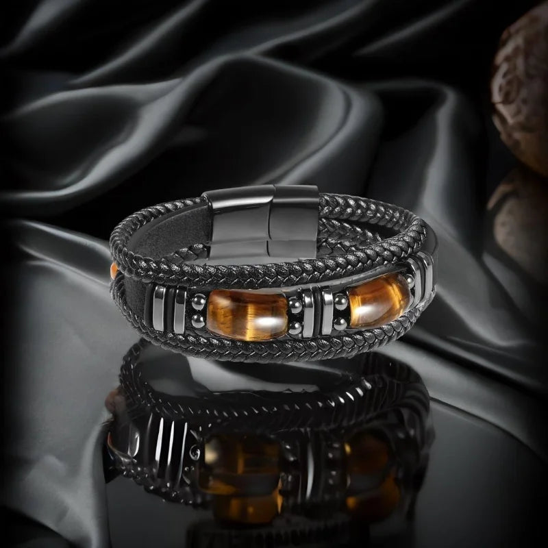 Tigerauge schwarzes Lederarmband Herren natürlicher Edelstein Kristall Stein Schmuck handgemachte Mut Stress Relief Schutz Armband