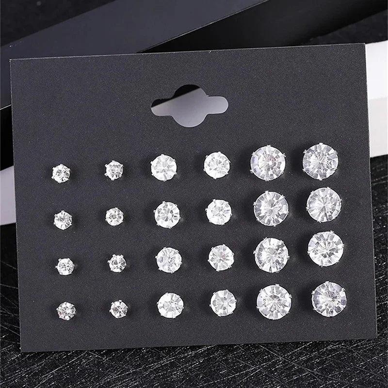 Neues 12-Paar/Packung weiß glänzendes Hochzeits-Ohrstecker-Set für Damen und Herren, Kristall-Ohrringe, Schmuck, Accessoires, Geschenke