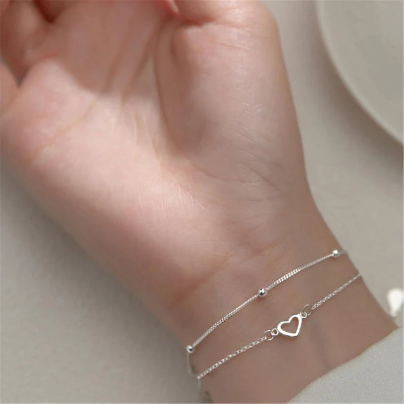 Runde Perle, hohles Liebesarmband, Herz, handverziert, doppeltes Design, süßes 925er Silber vergoldetes Kettenarmband für Frauen und Mädchen, Geschenke