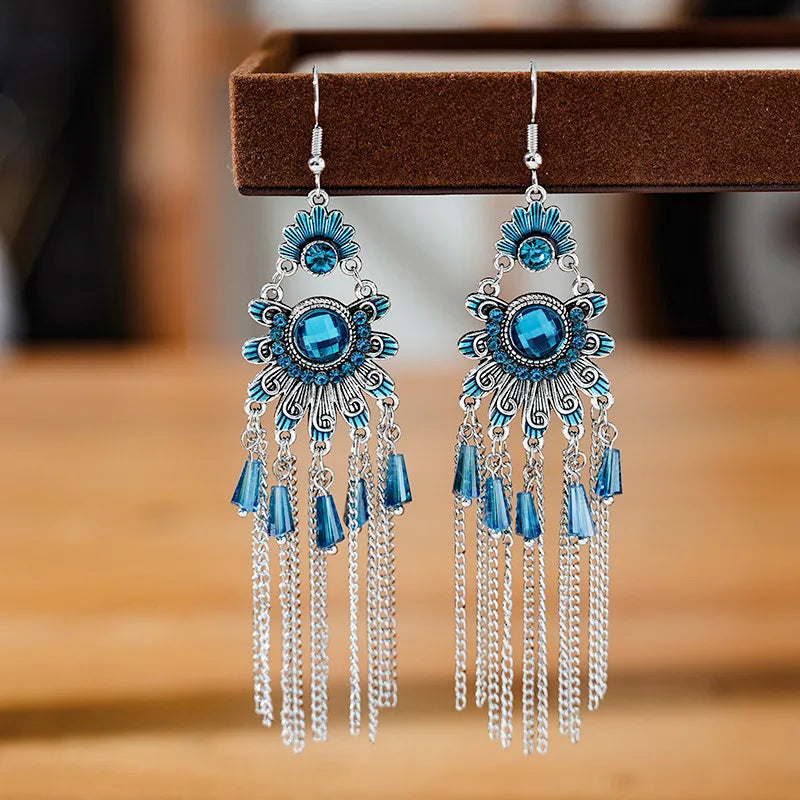 Vintage Ethnische Bunte Kristall Baumeln Ohrringe für Frauen Klassische Strand Kette Quaste Tropfen Ohrring Weibliche Pendiente Bijoux