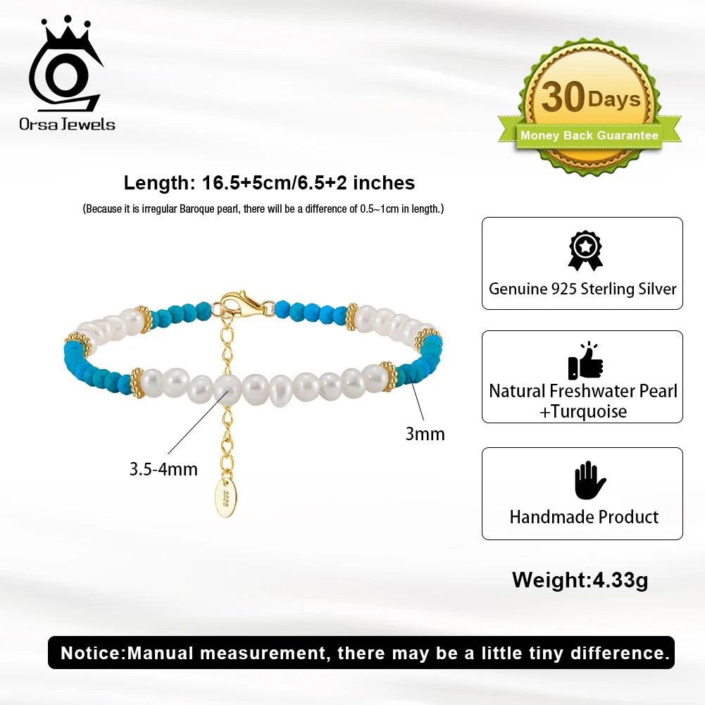 ORSA JEWELS Türkis-Stein-Armband, Kette aus 925er Silber, natürliche Perlen und türkisfarbene Armbänder, exquisiter Jubiläumsschmuck MPB01